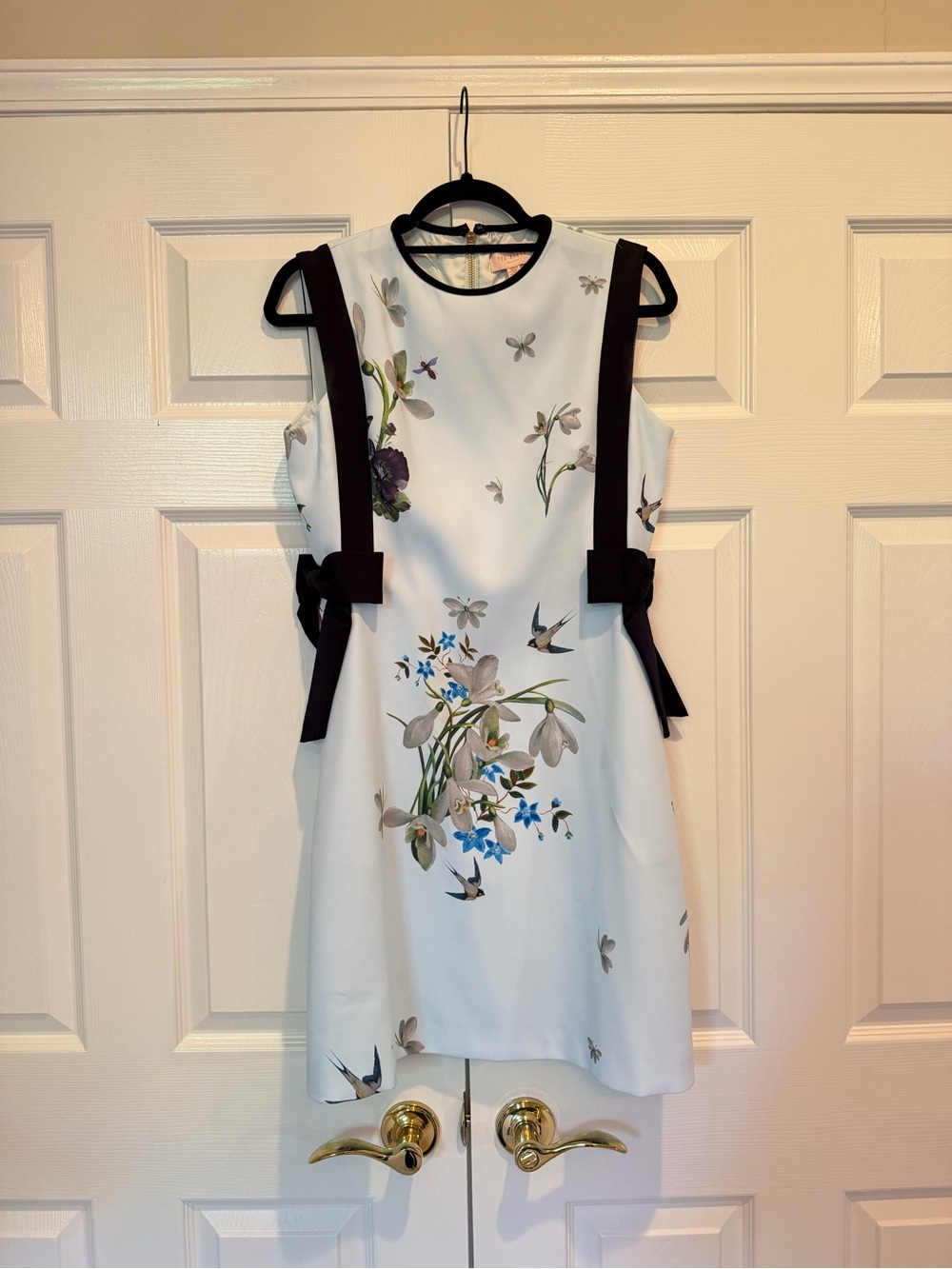 Ted Baker London Light Blue Floral Swallow Print Bow A-Line Dress Size 3 US 8